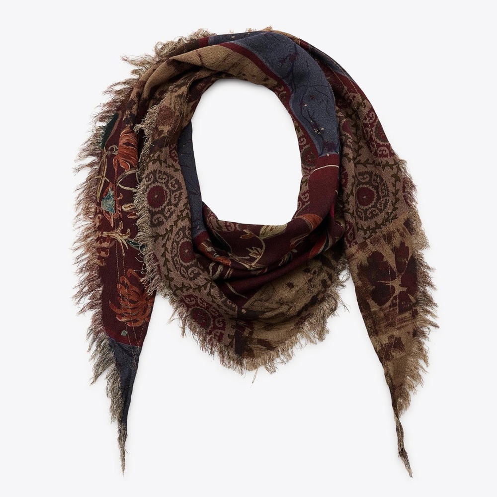 Zara Earth tones floral printed fringed bandana scarf NWT